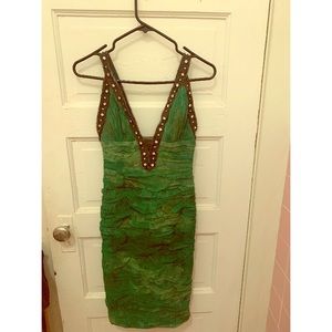 Mandalay Green Ruched Deep V Studded Dress Size 4